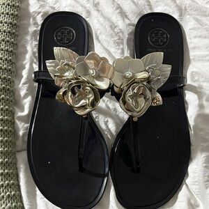 Tory Burch Black jelly Sandals with Gold Floral Accents